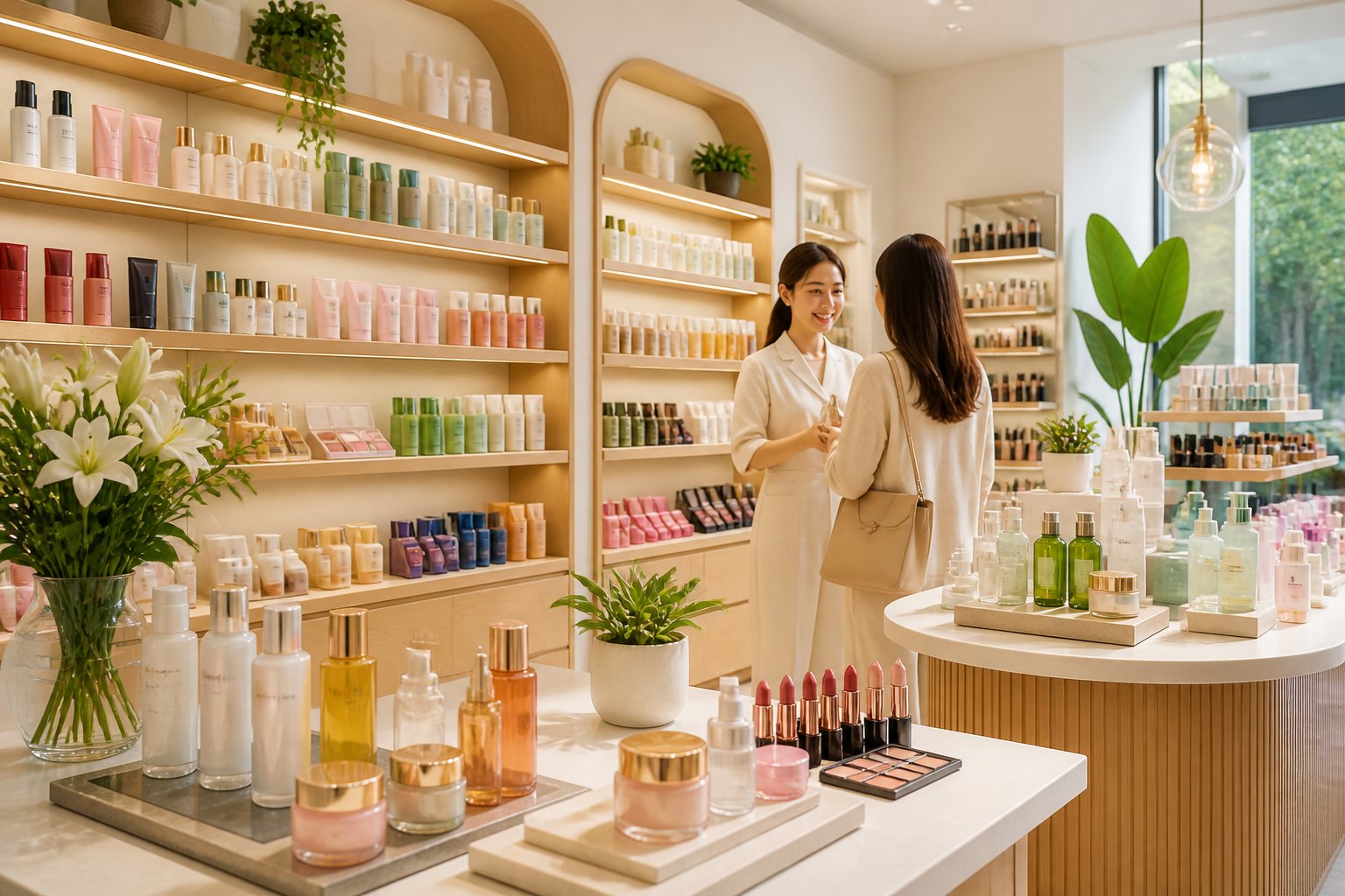 Interior de uma loja de cosméticos organizada e iluminada, com prateleiras cheias de produtos de beleza e uma atendente ajudando um cliente.
