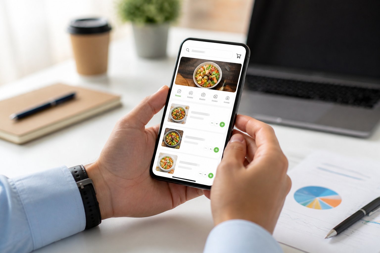 Pessoa segurando um smartphone mostrando um aplicativo de entrega de comida em um ambiente de escritório.