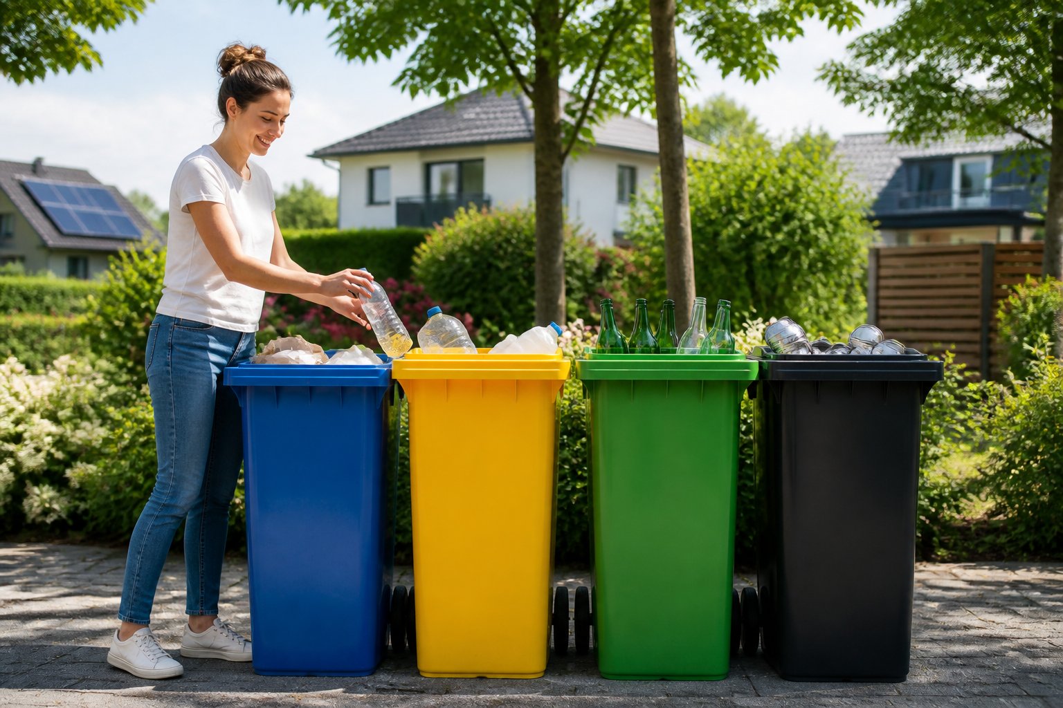 Área de reciclagem organizada perto de casas, com lixeiras coloridas para diferentes materiais e uma pessoa separando recicláveis.