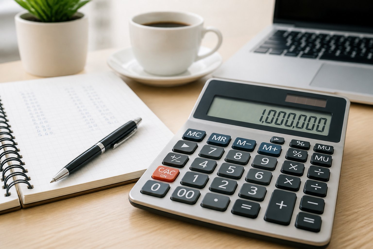 Mesa de trabalho organizada com uma calculadora mostrando o número um milhão e um caderno aberto com números escritos à mão.