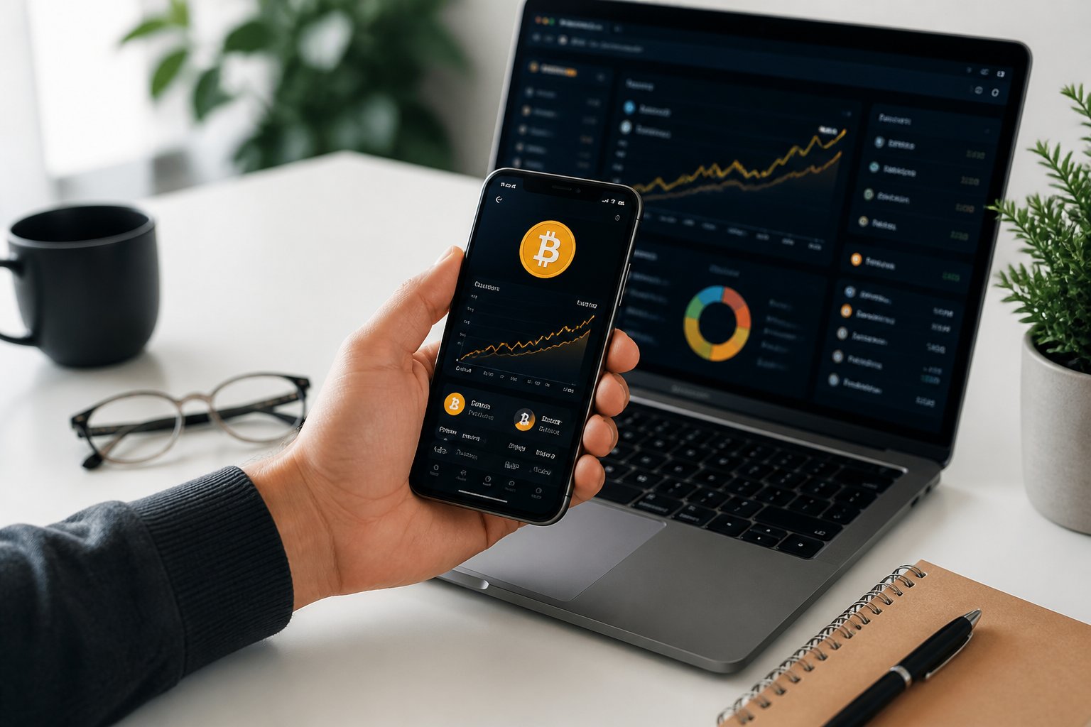 Pessoa verificando saldo de Bitcoin em um smartphone em uma mesa de trabalho organizada com laptop e objetos pessoais.