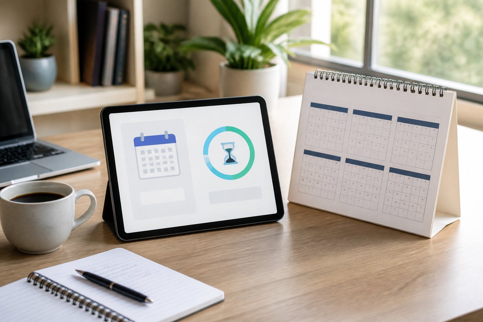 Mesa de trabalho moderna com calendário, tablet e café, representando o cálculo de 180 dias em meses.