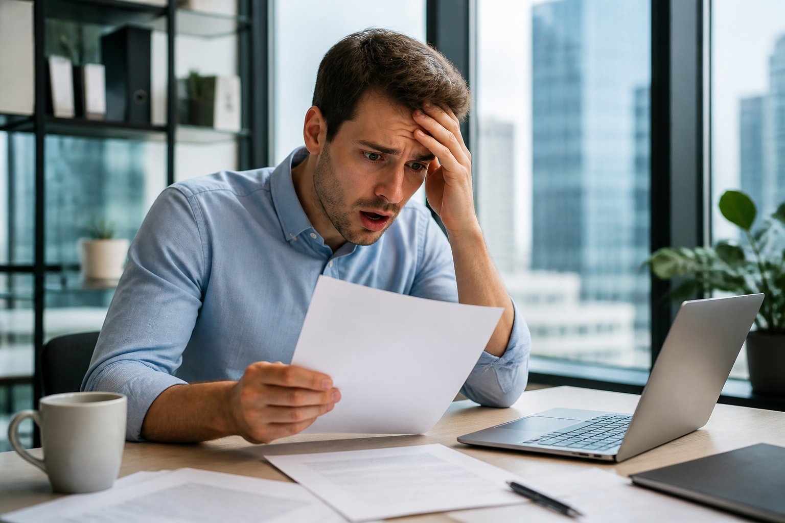 Homem jovem sentado em uma mesa de escritório moderno, com expressão de choque e tristeza segurando uma carta de demissão.