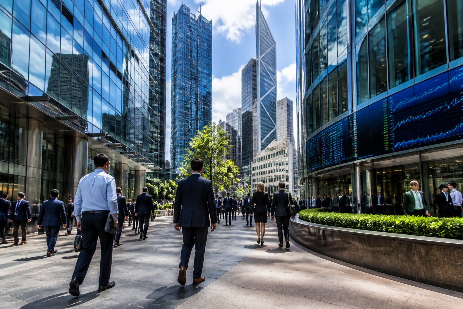 Distrito financeiro urbano moderno com pessoas andando e prédios altos durante o dia.