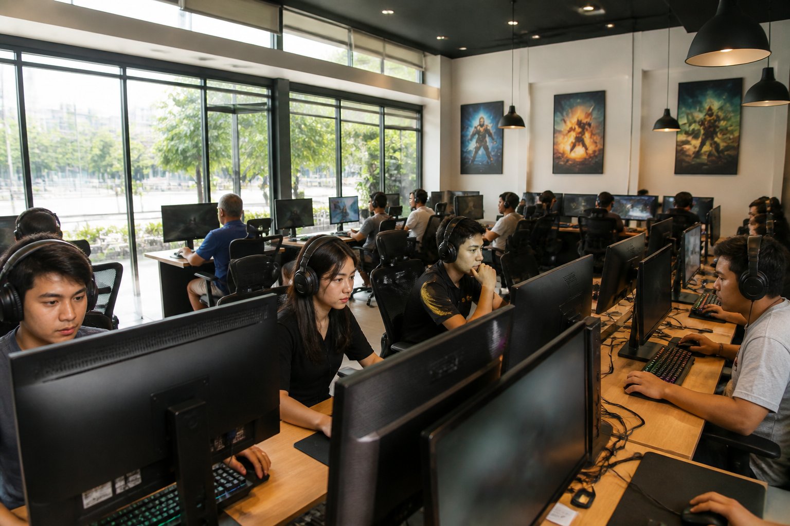 Interior de uma lan house moderna com pessoas usando computadores em um ambiente claro e organizado.
