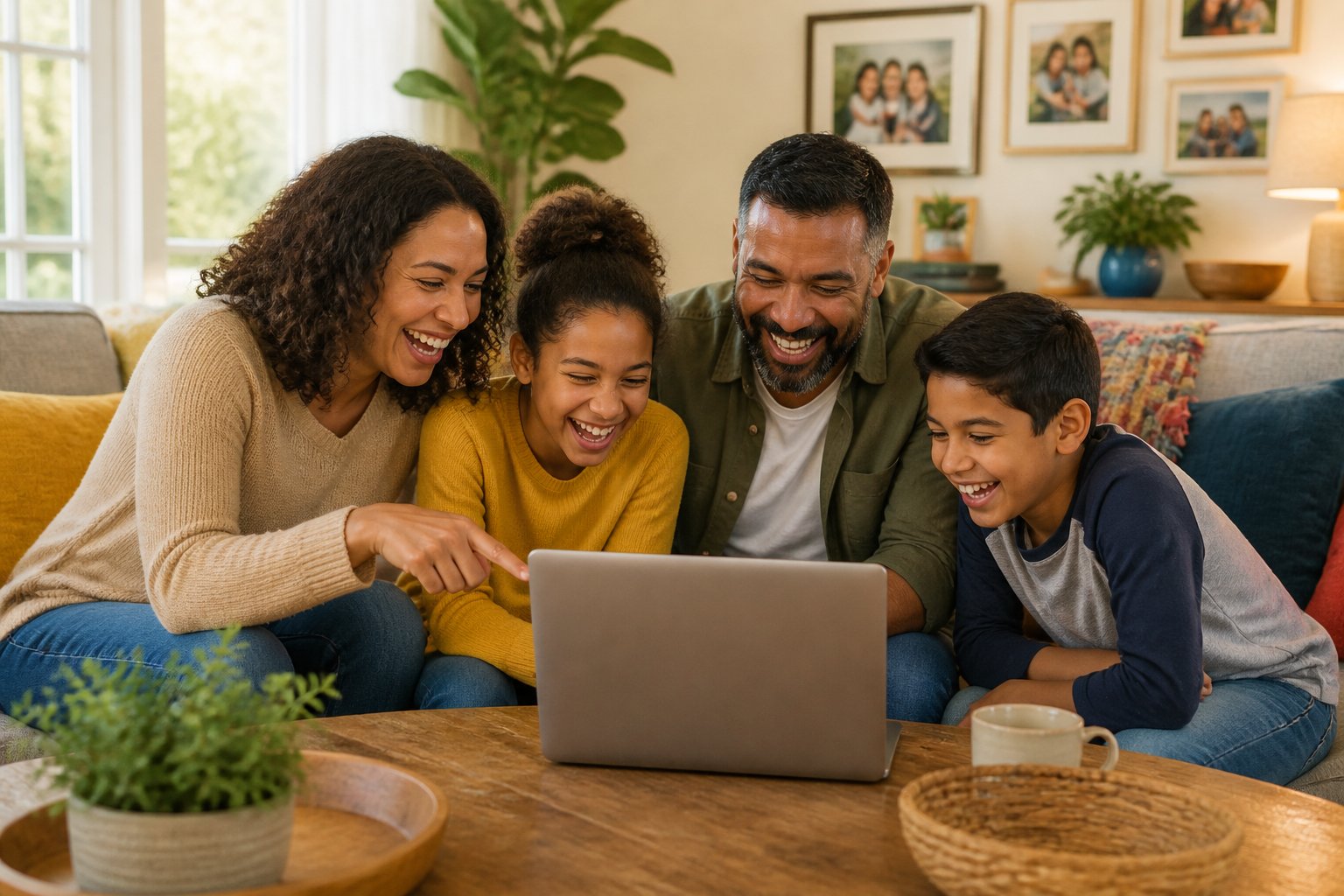 Família sorridente reunida em uma sala de estar aconchegante, olhando para um laptop sobre a mesa de centro.