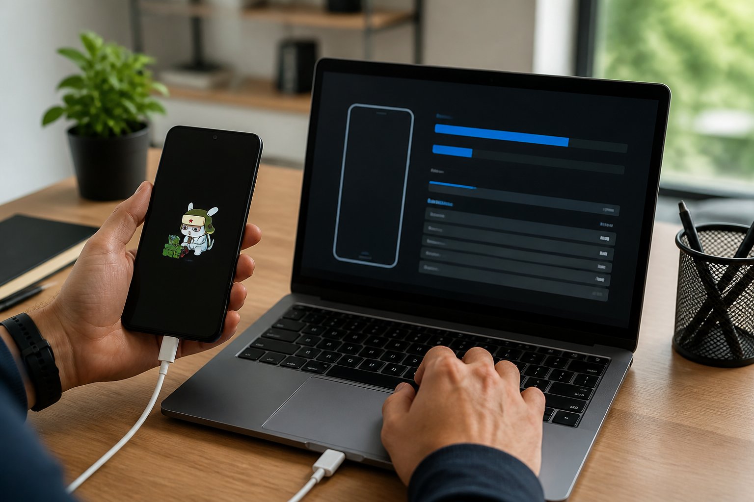 Pessoa usando um smartphone Xiaomi conectado a um laptop, realizando um processo técnico de atualização no dispositivo.
