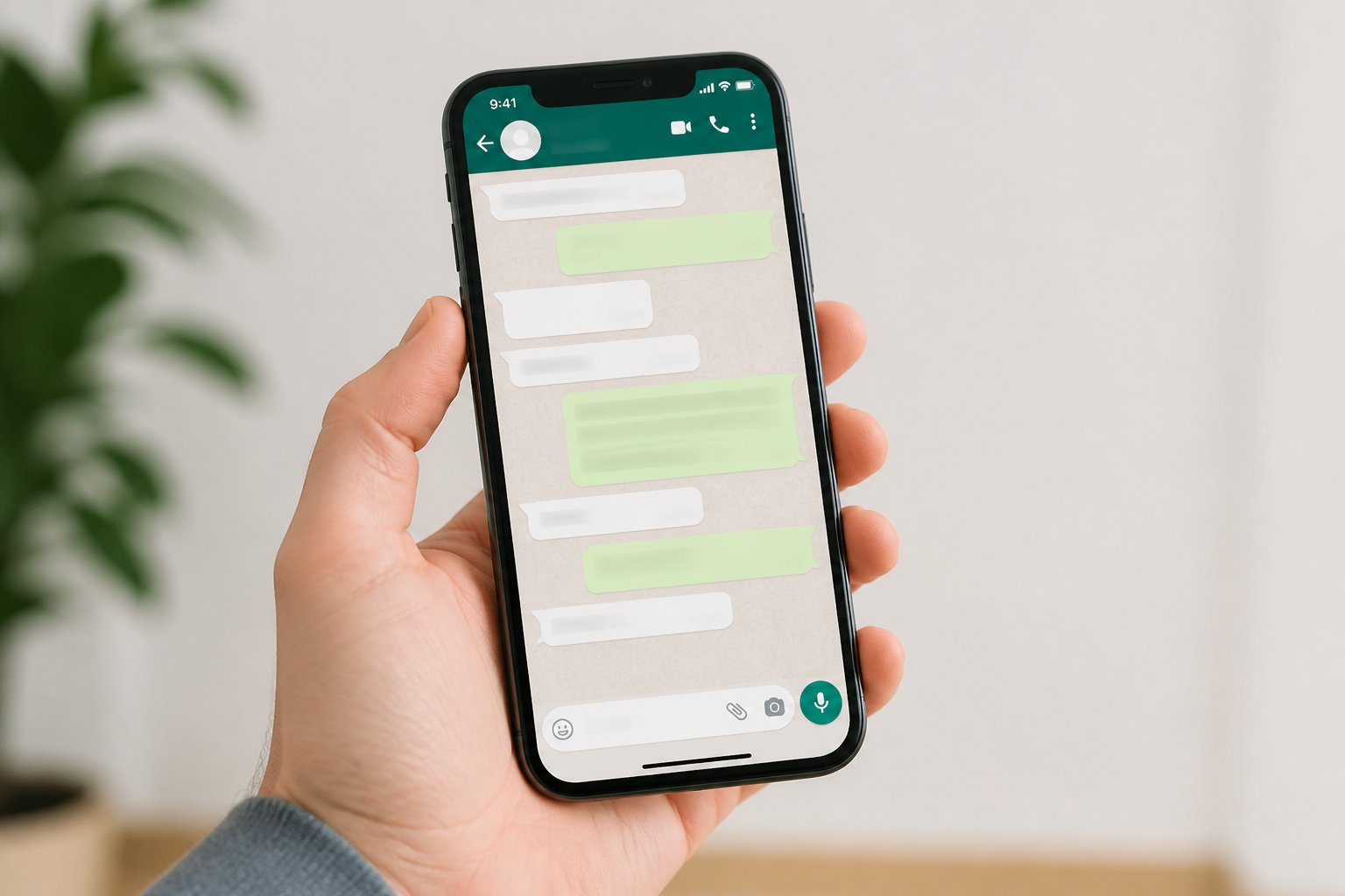 Uma mão segurando um smartphone com a tela mostrando uma conversa do WhatsApp.