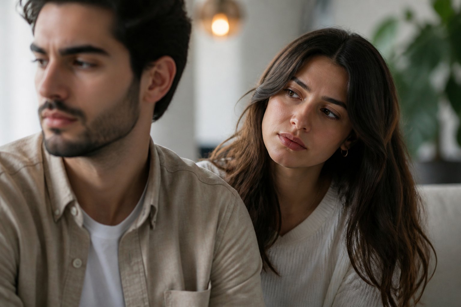 Duas pessoas em ambiente interno, uma olhando para longe com expressão indiferente e a outra olhando para ela com expressão triste e pensativa.