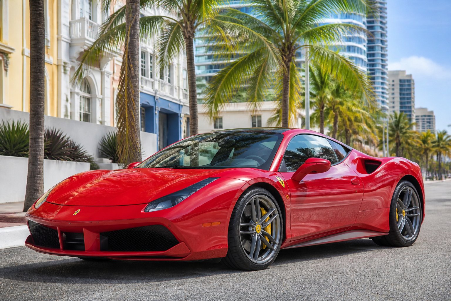 Um carro esportivo Ferrari vermelho estacionado em uma rua urbana no Brasil durante o dia.