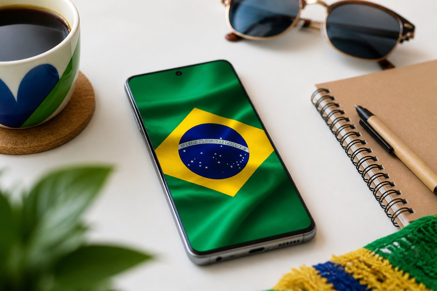 Um celular moderno com a bandeira do Brasil na tela, sobre uma superfície branca, rodeado por elementos culturais brasileiros como café, óculos de sol e um caderno.