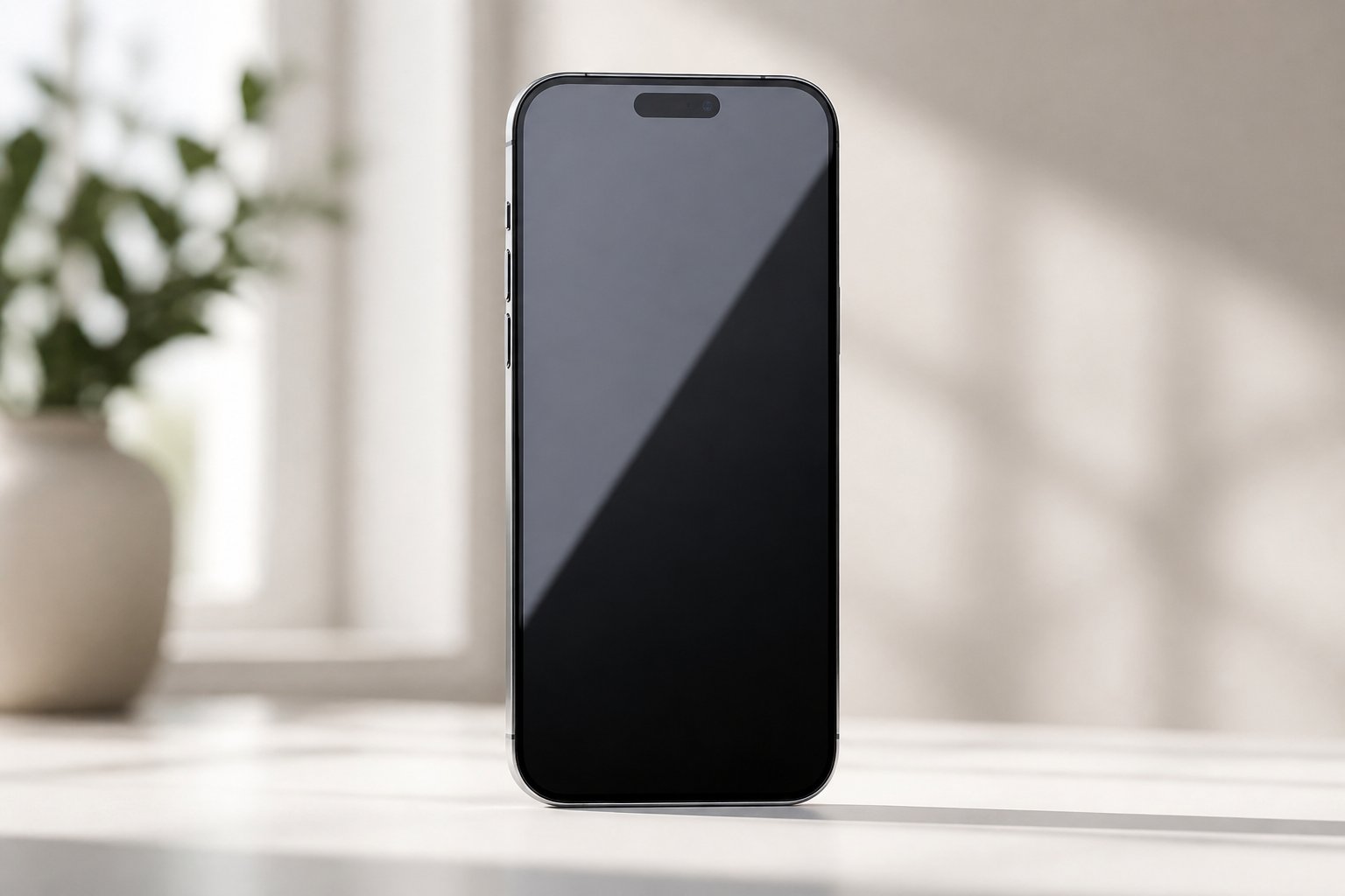 Um smartphone moderno com design elegante e tela grande, apoiado em uma superfície branca, com fundo desfocado.